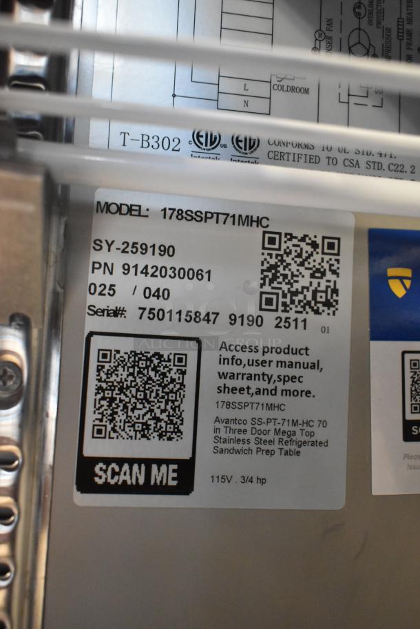 QR code label on Avantco 178SSPT71MHC 70" Stainless Steel Sandwich Prep Table showing model info and access instructions.