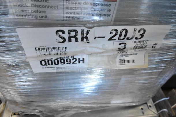 Brand new Hoshizaki SRK-20J3 air-cooled remote ice machine condenser, 208-230V, 3-phase, model tags visible.