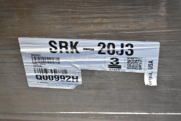 "New 2026 Hoshizaki SRK-20J3 condenser, air-cooled, 208-230V, 3-phase, suited for KMS-2000MLJ. Label shows model and serial."