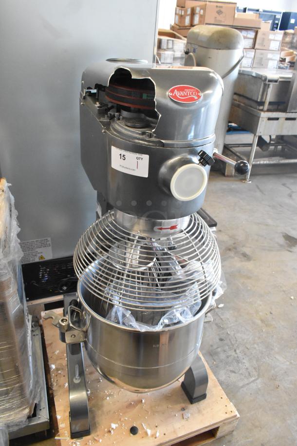 Avantco 177MX40H 40 Quart Planetary Dough Mixer, new with top dent, includes bowl, guard, paddle, whisk, and dough hook.