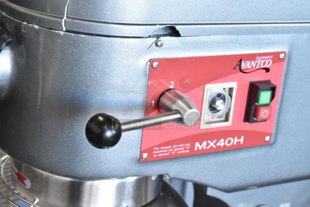 BRAND NEW Avantco 177MX40H 40 Quart Dough Mixer, features visible scratches, includes mixing bowl, paddle, whisk, dough hook.