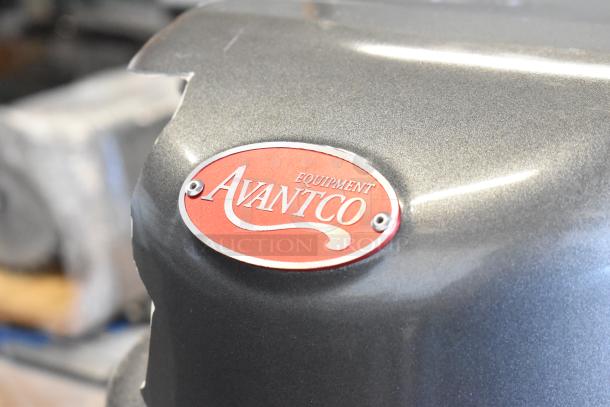 Avantco 177MX40H commercial dough mixer, gray with red logo label. Includes mixing bowl, guard, paddle, whisk, and hook.