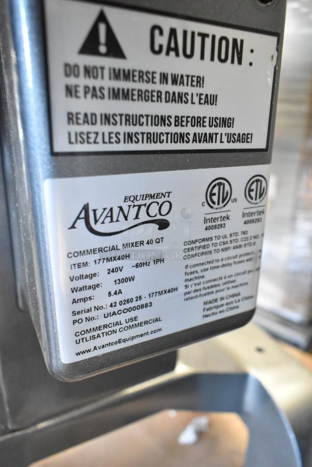 Avantco 177MX40H commercial dough mixer label, showing caution instructions and technical specs, 240V, 1300W.