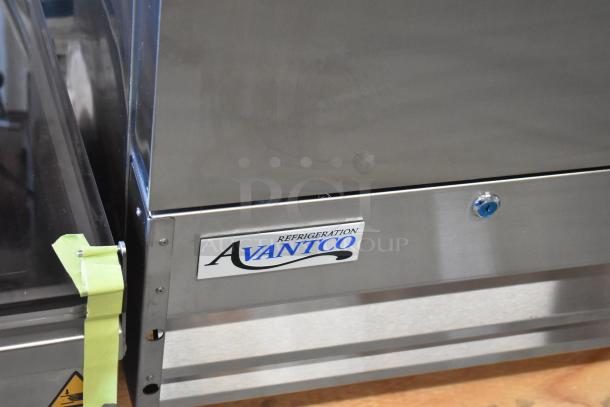 Brand new Avantco 178A12RHC commercial cooler, single door, 115 volts, 1 phase, minor scratches, visible brand label.