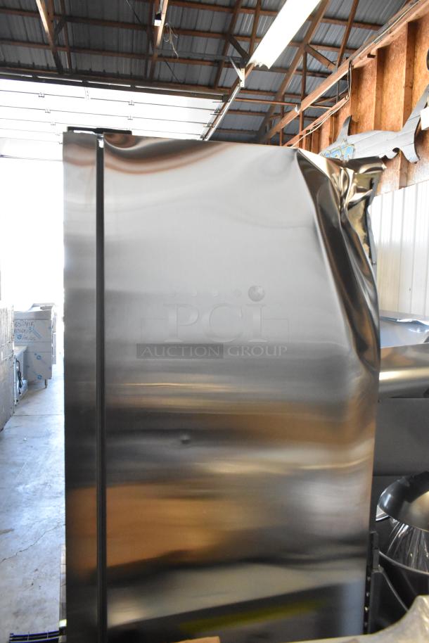 Brand new Avantco 178A12RHC commercial single door cooler, stainless steel finish, 115V, with visible dents.