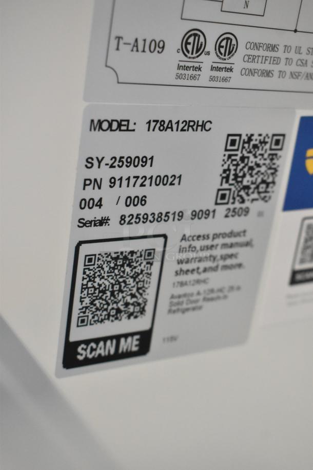 Brand new Avantco 178A12RHC commercial single door cooler label, showing model and serial numbers, 115V.