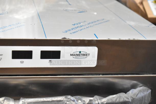 Brand new Mainstreet 541HTUC30 high-temp undercounter dishwasher, labels intact, minor scratches, 208V/240V, 1 Phase.