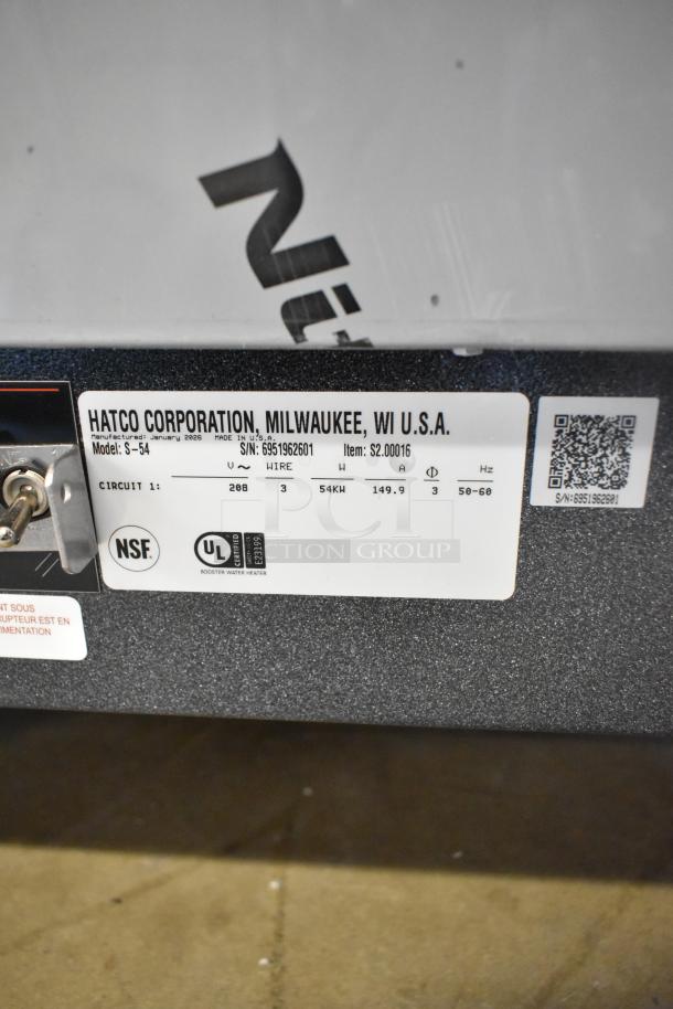 Brand new Hatco S-54 Imperial booster water heater, 54 kW, 16-gallon, 208V, 3-phase. Visible manufacturer's label.