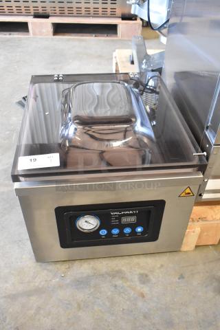 Brand new VacPak-It 186VMC32 chamber vacuum packaging machine, two 16" seal bars, oil pump, 110-120V, minor dents.