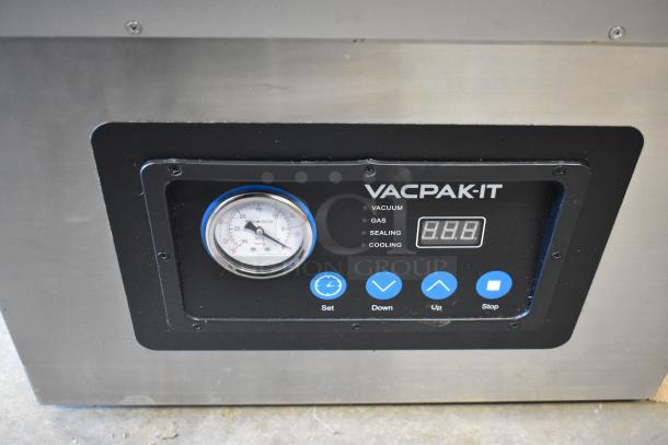 BRAND NEW VacPak-It 186VMC32 chamber vacuum packaging machine with dual 16" seal bars, oil pump, gauge, and controls visible.