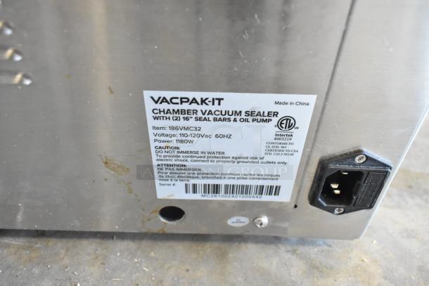 Brand new VacPak-It 186VMC32 chamber vacuum sealer with two 16" seal bars, oil pump, and 110-120V power.