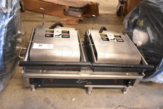 Brand new 2023 Star GX20IG 20" double sandwich grill with grooved cast iron plates, dual 10" x 10" surfaces, missing back leg.
