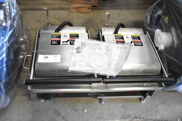 BRAND NEW 2023 Star GX20IG 20" Double Sandwich Grill, grooved cast iron plates, dual 10"x10" surface, missing back leg.