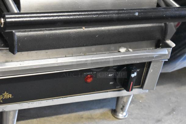 Brand new 2023 Star GX20IG double sandwich grill, grooved cast iron plates, missing back leg, power light, temperature dial.