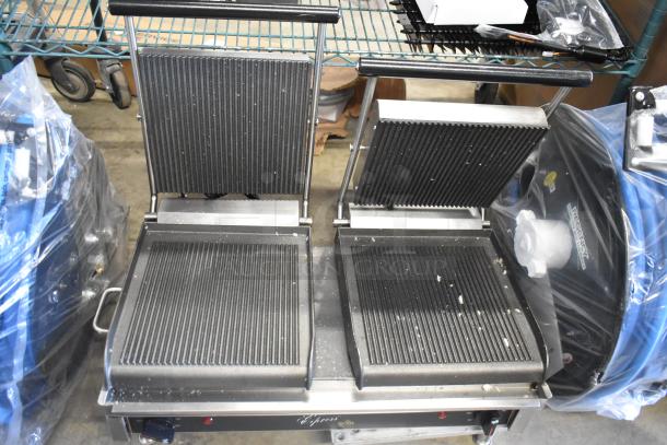 BRAND NEW scratch and dent Star GX20IG 20" double sandwich grill, grooved cast iron plates, dual 10" x 10" surfaces. Missing back leg.