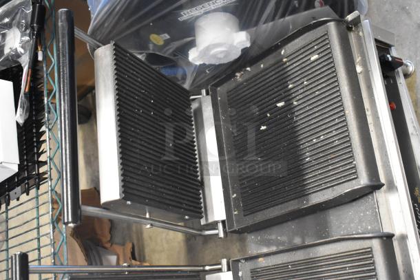 Brand new 2023 Star GX20IG 20" double sandwich grill with grooved cast iron plates, dual 10"x10" surface. Missing back leg.