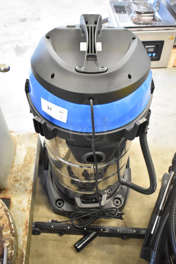 BRAND NEW Lavex 944BJ14126G 26 Gallon Stainless Steel Wet/Dry Vacuum, 100-120V, shown with toolkit.