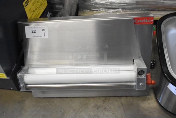 Brand new Estella 348EDS18S 18" countertop dough sheeter, 120V, 1 phase, with minor scratches and dents.