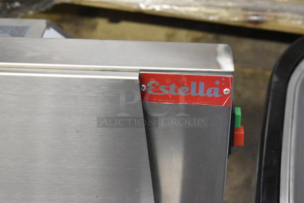 Brand new Estella 348EDS18S dough sheeter, 18" countertop, one-stage, 120V, scratch and dent, with label visible.