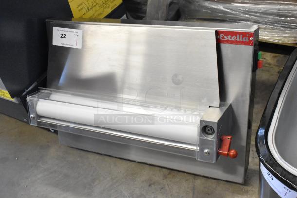 Brand new Estella 348EDS18S 18" countertop dough sheeter. One-stage, 120V, 1-phase. Visible slight scratches.