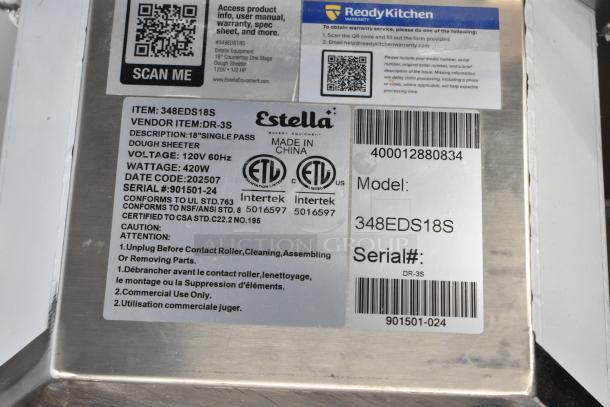 2025 Estella 348EDS18S countertop dough sheeter, 18", brand new with manufacturer's label, 120V, 1-phase, ETL-listed.