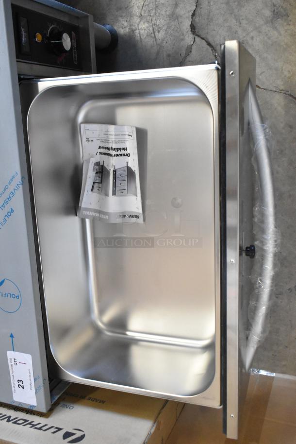 Brand new ServIt 423WDSFS1 single drawer warmer, 120V, 1 phase. Freestanding, minor scratches and dents visible.