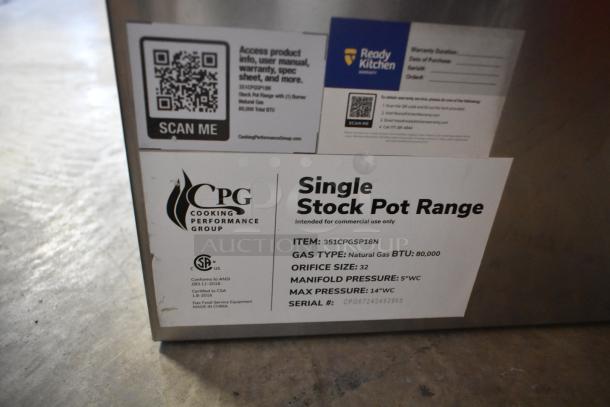 BRAND NEW Cooking Performance Group CPG-SP-18-N Natural Gas Stock Pot Range, 80,000 BTU, model 351CPGSP18N, with visible labels.
