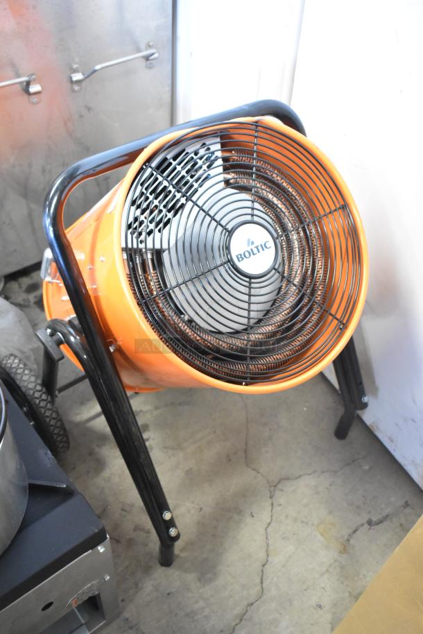 Brand new Boltic SHAG-K12F portable electric salamander heater; 480V, 3 phase; minor scratches and dents; orange finish.