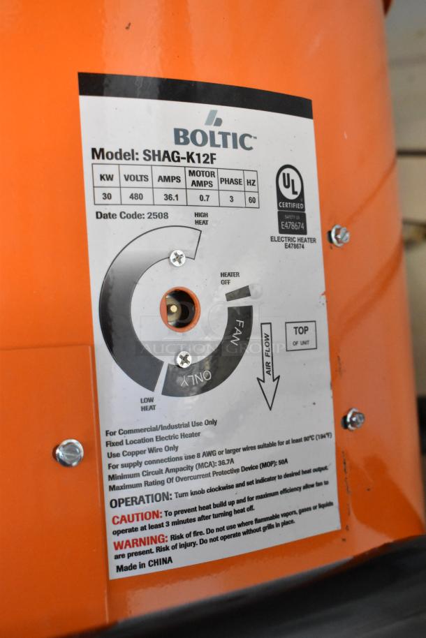 Brand new Boltic SHAG-K12F portable electric salamander heater, 480 volts, 3 phase, scratch and dent condition, UL certified.