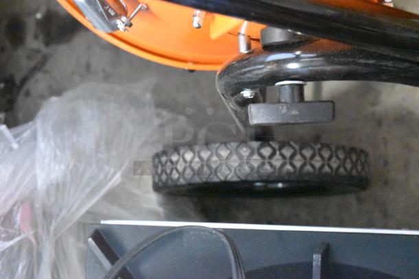 Brand new Boltic SHAG-K12F salamander heater; visible scratch and dent; 480V, 3-phase; large wheel for portability.