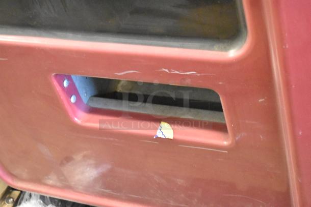 Commercial vending machine for canned drinks, features bill acceptor, 125V, 1 phase. Visible wear on exterior surface.