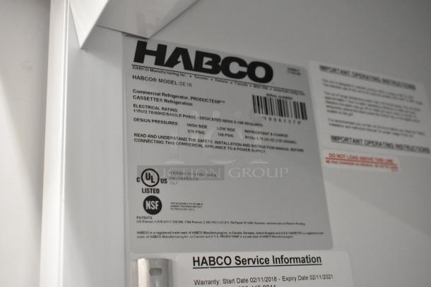 2019 Habco SE18 Commercial Cooler label showing model, electrical rating, and certifications. 115V, single phase.