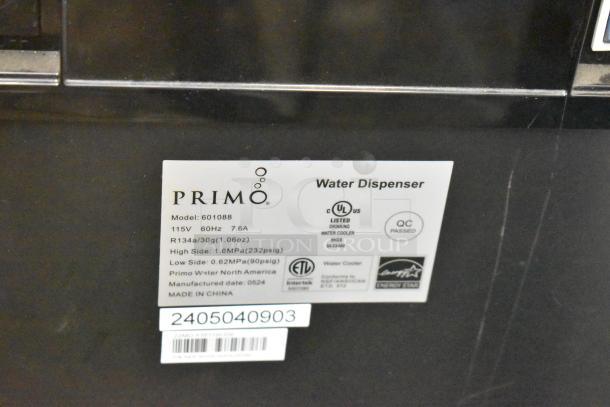 Primo 601088 black bottom load water dispenser, 115V, labeled with model and safety certifications.