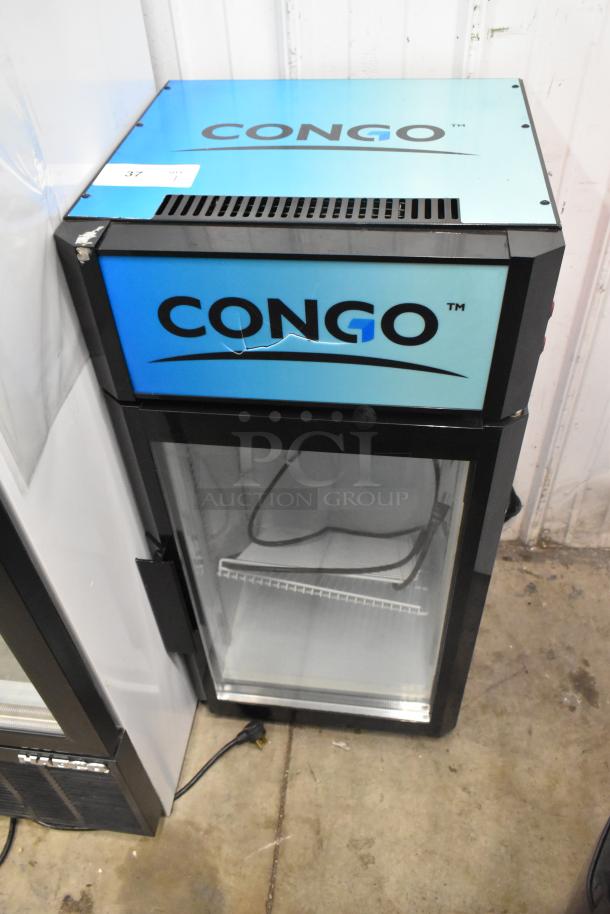 T-40L Mini Cooler Merchandiser, 115 Volts, 1 Phase. Visible scuff on top. Brand "Congo" displayed on blue panel.