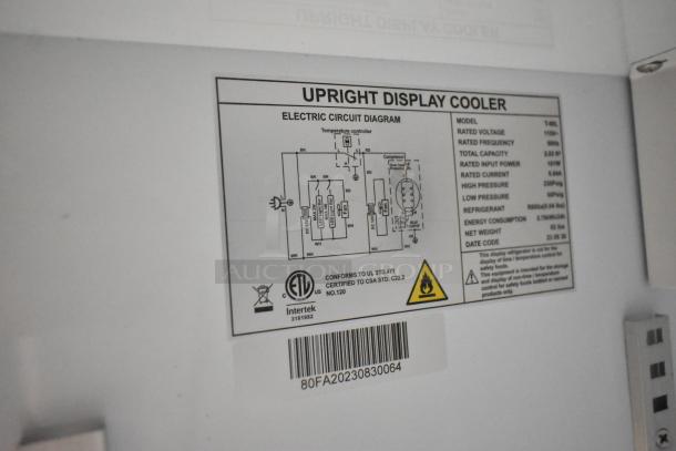 Alt text: T-40L Mini Cooler Merchandiser label. Shows electric circuit diagram, voltage specs, certifications, and warnings.