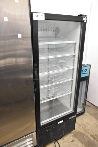 Habco SE12 Commercial Single Door Reach In Cooler Merchandiser, 115V, 1 Phase, black trim, glass door, with interior shelving.