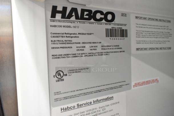 Habco SE12 single door cooler label, 115V, 1 Phase, info on operation and UL listing, CFC-free refrigerant.
