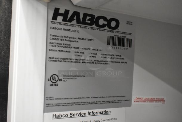Habco SE12 Commercial Reach In Cooler, single door, 115V, 1 phase. Features product label with specifications.