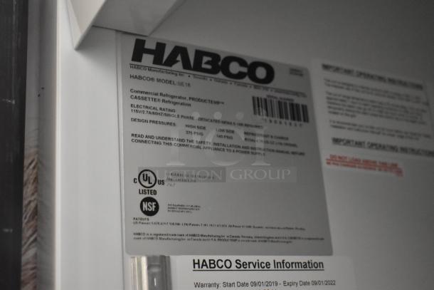 2019 Habco SE18 single door commercial cooler label, 115 volts, 1 phase; features UL and NSF certifications.