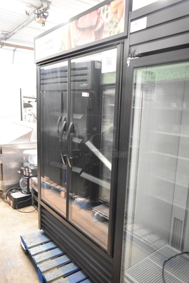 2022 True TVM-48SL-HC commercial 2-door cooler, 115V, 1 phase, black frame, glass doors, excellent condition.