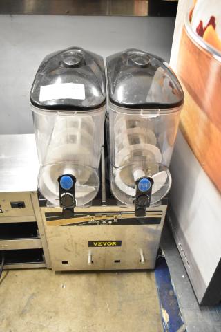 Vevor X-300 Commercial Slushie Machine, dual hoppers, countertop model, 115V, 1 phase, in used condition with visible labels.