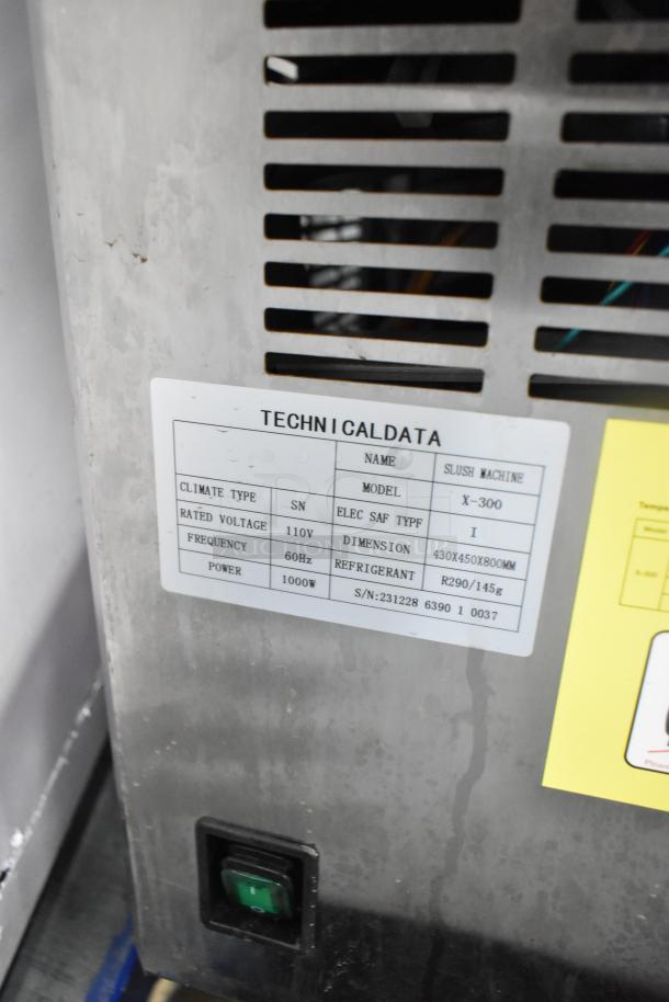 Vevor X-300 countertop slushie machine label showing model, voltage, frequency, power, dimensions, and refrigerant info.