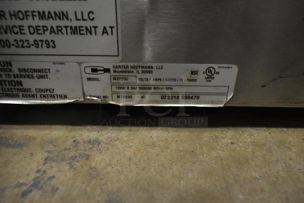 Carter Hoffmann MZ223G warming unit label, 120V, 1000W, 60Hz, 1 Phase, with NSF and UL certifications visible.