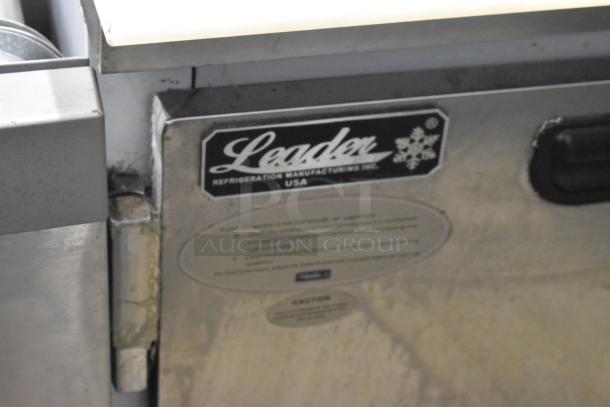 Leader ESLM48S/C sandwich salad prep table with visible brand label and text, on commercial casters.
