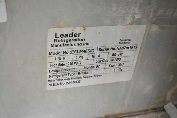 2017 Leader ESLM48S/C Sandwich Prep Table label showing model, serial number, voltage, and refrigerant details.