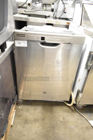 General Electric GE undercounter dishwasher, stainless steel finish, 115 volts, 1 phase, with front panel controls.