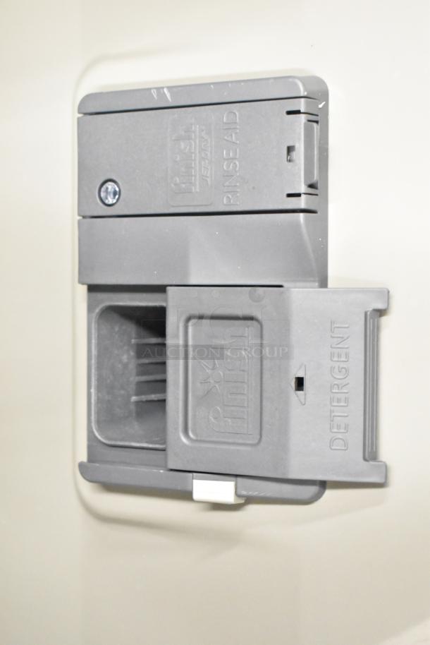 General Electric undercounter dishwasher detergent dispenser, shows Finish brand marking, 115 volts, 1 phase.