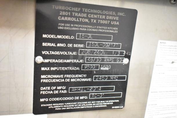 Turbochef I5-DL rapid cook oven label, showing model, serial number, voltage, amperage, max input, and manufacture date.