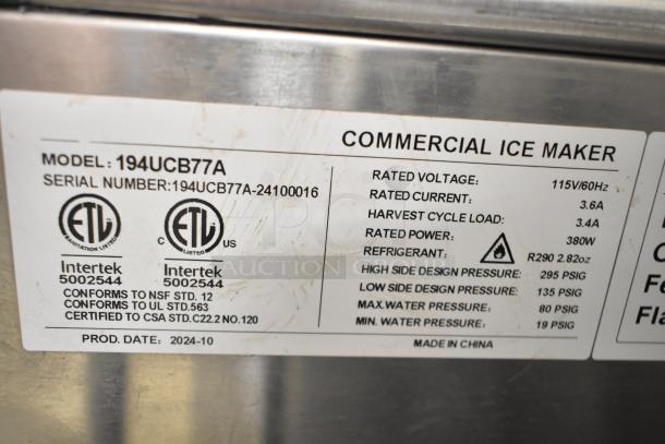 2024 Avantco 194UCB77A ice machine label, lists model, serial number, voltage, current, refrigerant, and certifications.