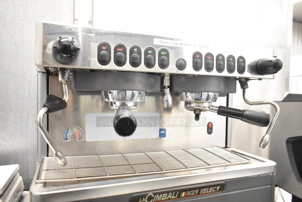 La Cimbali M29 Select commercial espresso machine, 2 group heads, 2 portafilters, 2 steam wands, NSF certified.
